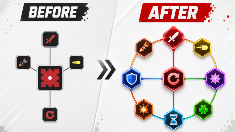 Nebulous upgrade interface shown before and after progression
